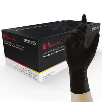 Guantes de látex negro caña larga marca Unigloves