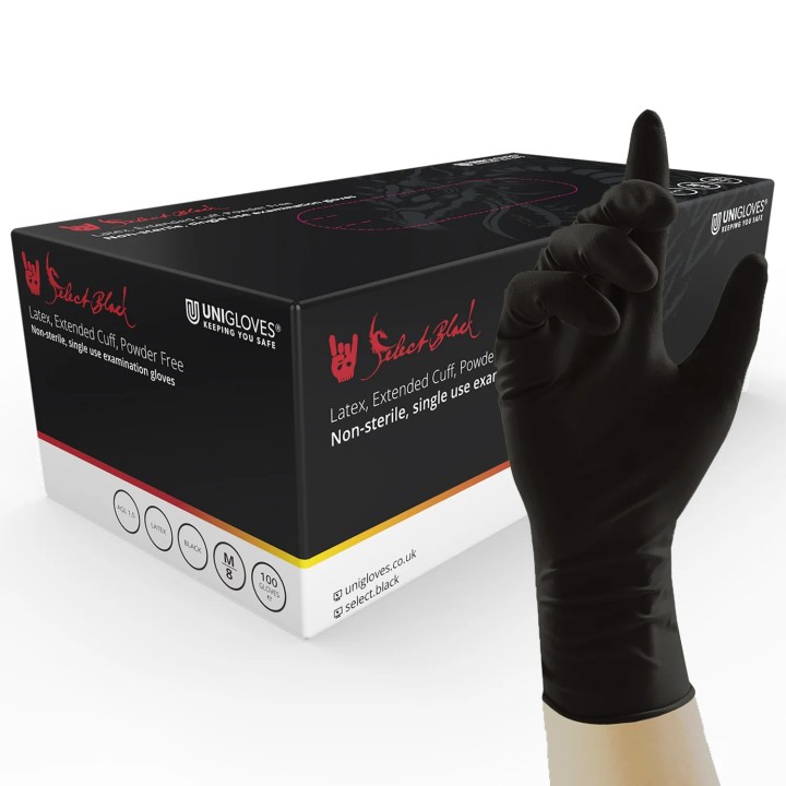 Guantes de látex negro caña larga marca Unigloves